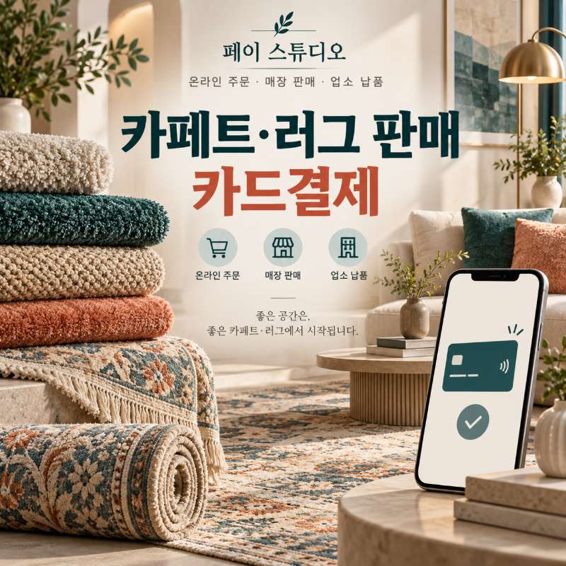 카페트·러그 판매점 카드 결제, 온라인 주문과 시공 납품｜페이 스튜디오 직접 결제 , 링크 결제 , 정기 결제 모두 가능! 페이 스튜디오는 카드 단말기없이 스마트폰 앱으로 카드 결제를 도입할 수 있는 서비스! PG 가맹 신청 및 심사 무료 대행!  !!결제 화면 사전 체험 가능!!