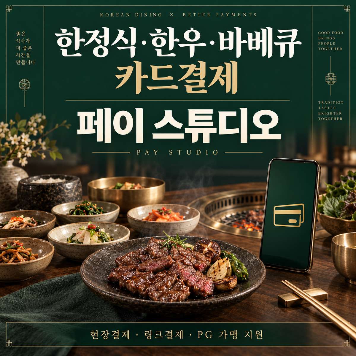 한정식·한우전문점 카드 결제, 링크 결제와 PG 가맹 신청 | 페이 스튜디오 스마트폰 현장 결제와 비대면 링크 결제! 카드 단말기 없이 스마트폰 앱으로 결제를 준비할 수 있는 서비스! NFC·카메라·수기·링크·정기결제를 지원! PG 가맹 신청 및 심사 무료 대행! 가입비 및 월정액 없음