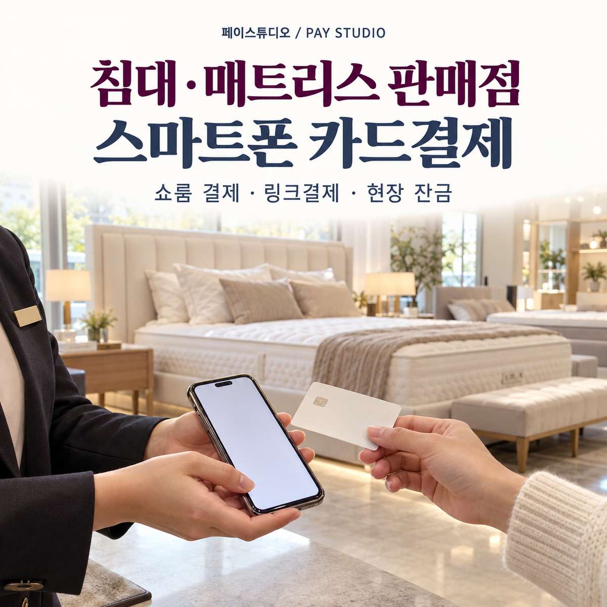 침대·매트리스 판매점 카드 결제 방법 페이 스튜디오! 쇼룸에서의 현장 결제·링크 결제·배송 현장 잔금 결제! PG 가맹 신청 및 심사 대행 무료! 카드 단말기 없이 스마트폰 앱을 이용 결제! 가입비 및 월정액 0원!