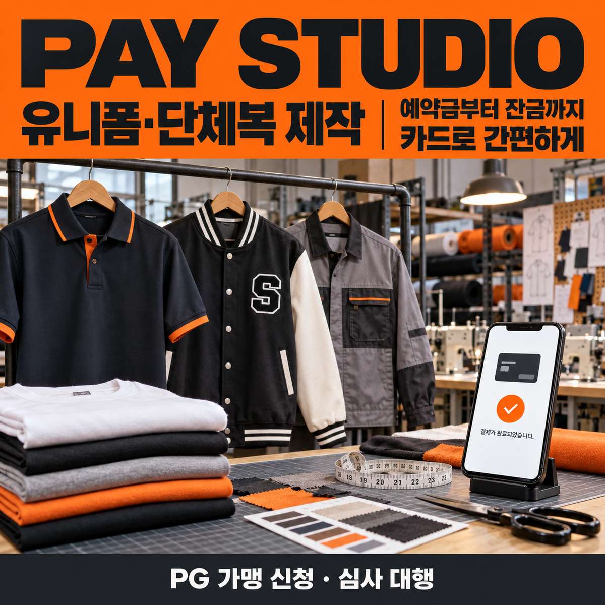 회사 유니폼·단체 티·작업복 제작 대금. 페이 스튜디오로 간편 카드 결제! 예약금부터 납품 잔금까지 현장 결제 및 링크 결제 모두 가능! PG 가맹 신청 및 심사까지 무료 대행! 카드 단말기없이 스마트폰 앱을 이용 결제! 가입비 및 월정액 0원!