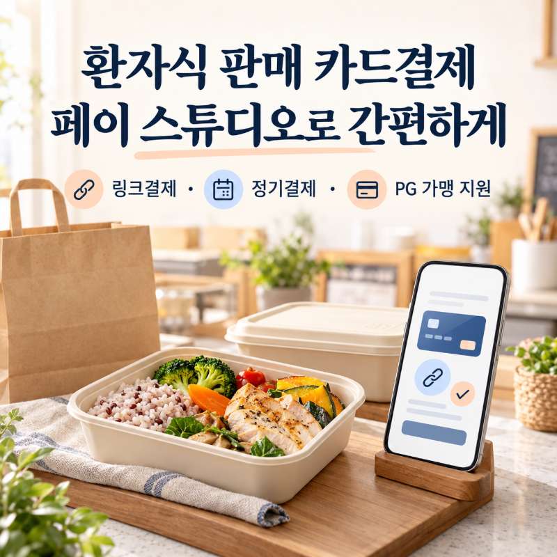 환자식·식사 패키지 판매점의 카드 결제 페이 스튜디오! 보호자 현장 직접 결제 , 비대면 링크 결제와 반복 대금 정기 결제 모두 가능! 카드 단말기없이 스마트폰 앱을 이용 카드 결제! PG 가맹 신청 및 심사까지 대행 무료! 가입비 및 월정액 0원! 스마트폰 결제창 체험!