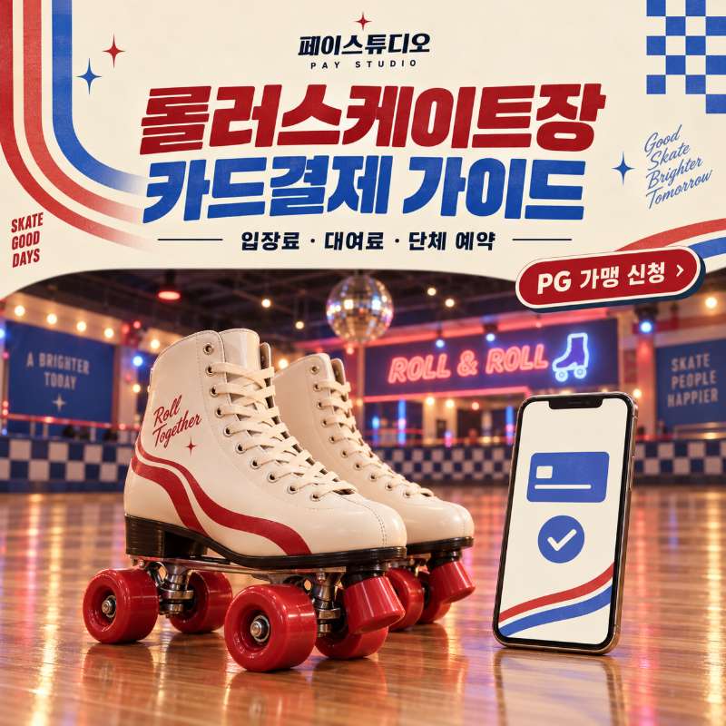 롤러스케이트장 카드 결제·PG 가맹 신청 페이 스튜디오! 입장료·대여료·단체 예약등 카드 결제 페이 스튜디오! 현장 결제 , 링크 결제 , 정기 결제 모두 가능! 카드 단말기없이 스마트폰 앱을 이용 카드 결제! PG 가맹 신청 및 심사까지 무료 대행! 가입비 및 월정액 0원!
