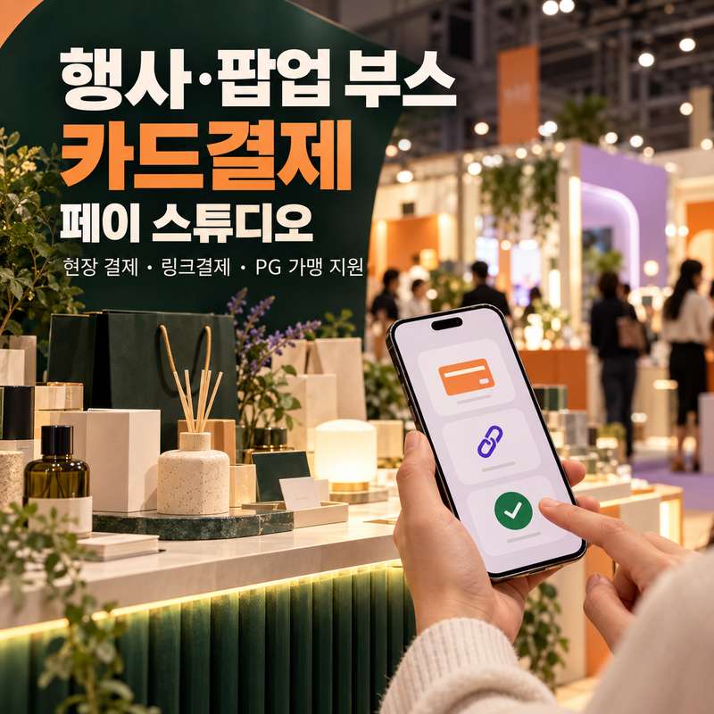 행사·팝업 부스 카드 결제 방법 페이 스튜디오! 박람회 현장 결제·예약금 링크 결제, 페이 스튜디오! 카드 단말기없이 스마트폰 앱을 이용 현장 결제 , 링크 결제 , 정기 결제! PG 가맹 신청 및 심사까지 무료 대행! 가입비 및 월정액 0원! 실제 스마트폰 결제 화면 체험!