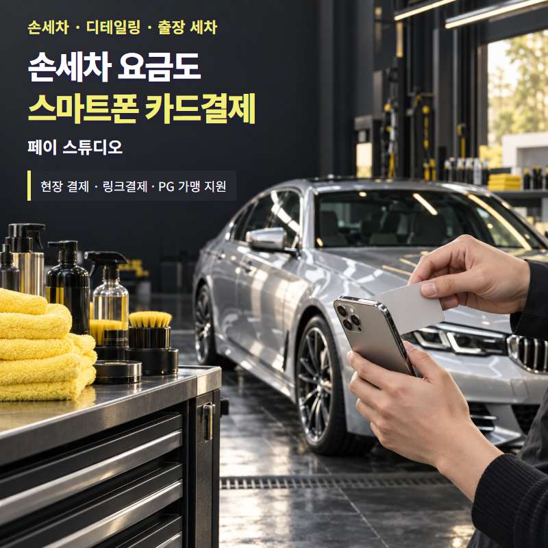 손세차 카드 결제 도입 방법 페이 스튜디오! 매장·출장 세차비와 디테일링 예약금 페이 스튜디오! 손세차 매장부터 출장 세차, 프리미엄 디테일링까지! 페이 스튜디오의 스마트폰 현장 결제·예약금 링크 결제·정기 결제를 서비스 운영에 맞게 활용! PG 가맹 신청 및 심사까지 대행 무료! 가입비 및 월정액 0원! 스마트폰 결제 체험!