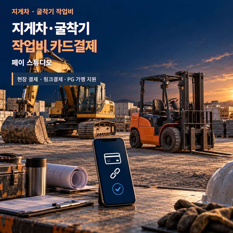 지게차·굴착기 작업비 카드 결제 방법 페이 스튜디오! 현장·계약금·잔금등 직접 결제 또는 링크 결제 가능! PG 가맹 신청 및 심사까지 무료 대행! 카드 단말기없이 스마트폰 앱을 이용 결제! 가입비 및 월정액 0원! 실제 핸드폰 결제 화면 체험!