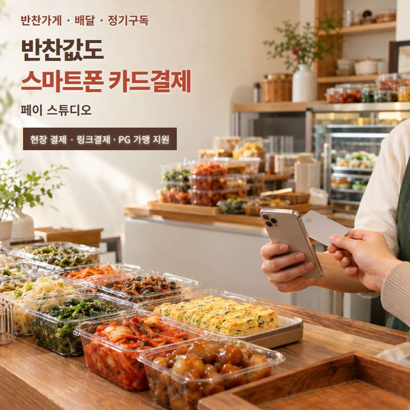 반찬 가게 카드 결제 도입 방법 페이 스튜디오! 정기 구독·배달·명절 세트 링크 결제!  스마트폰 현장 카드 결제·링크 결제·정기 결제 가능! 카드 단말기없이 스마트폰 앱을 이용 결제! PG 가맹 신청 및 심사까지 무료 대행! 가입비 및 월정액 0원! 스마트폰 결제 화면 체험 가능!