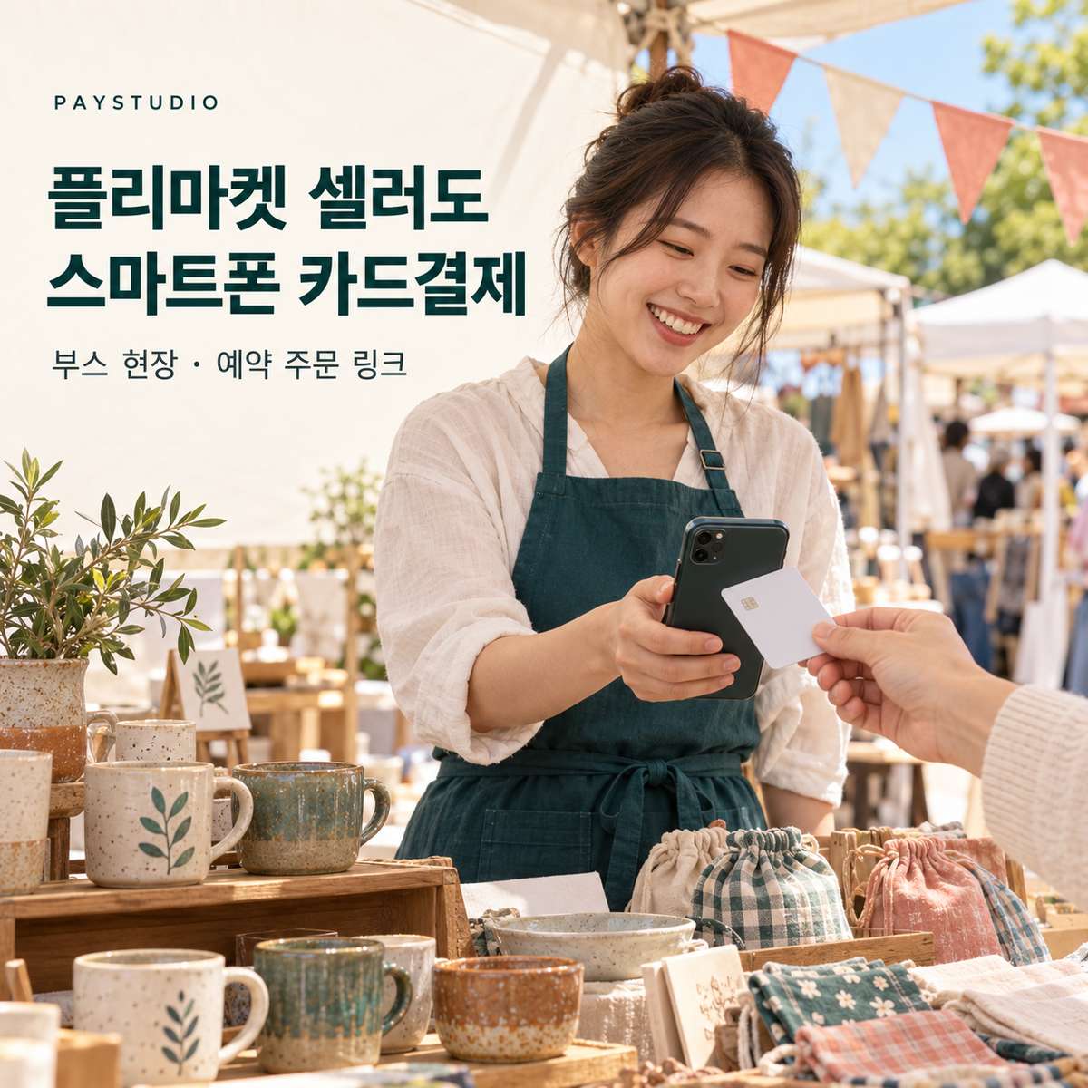 플리 마켓·벼룩 시장 카드 결제 방법 페이 스튜디오! 카드 현장 결제·예약 주문 링크 결제 모두 가능! 카드 단말기없이 스마트폰 앱을 이용 결제! PG 가맹 신청 및 심사까지 무료 대행! 가입비 및 월정액 0원! 스마트폰 실제 결제 화면 체험 가능!