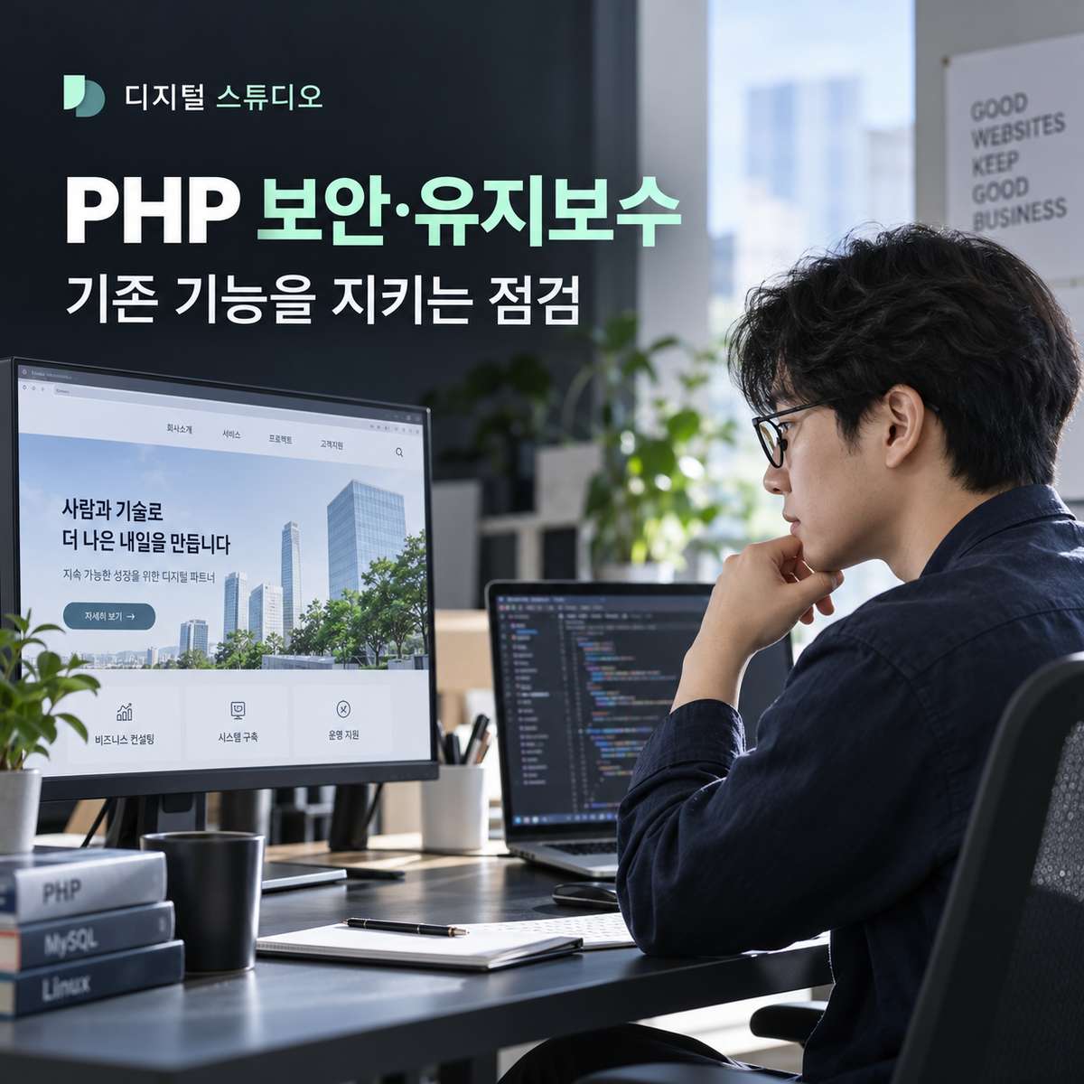 PHP 오류 수정·홈페이지 유지 보수 디지털 스튜디오! PHP 오류 진단, 버전 호환성 확인, 보안 개선, 백업과 적용 후 검증까지 디지털 스튜디오! 기존 기능 유지를 위한 보안 점검 및 업데이트 디지털 스튜디오! 개발된 회사 홈페이지도 기존 디자인과 주요 기능을 유지하는 방향으로 점검!